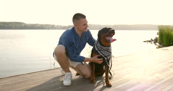 Young man stroking black rottweiler on lake pier — Stok video