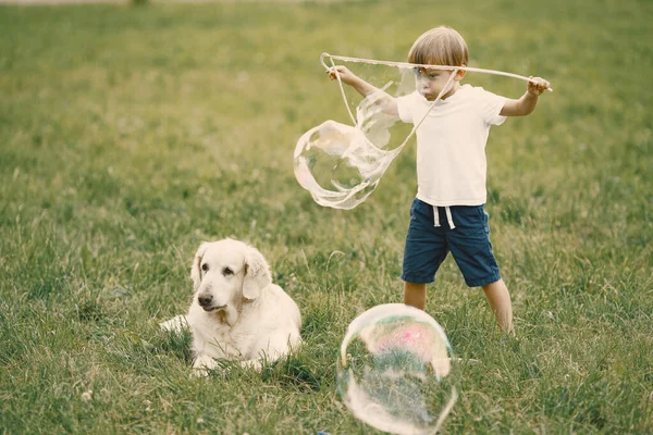 Kleine jongen het maken van een reusachtige zeep bubbels tijdens het spelen met zijn hond op een gras — Stockfoto
