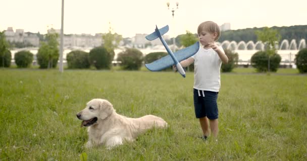 Милий хлопчик грає з іграшковим літаком у парку — стокове відео