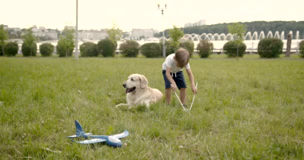 Niño jugando con burbujas de jabón gigante y perro — Vídeos de Stock