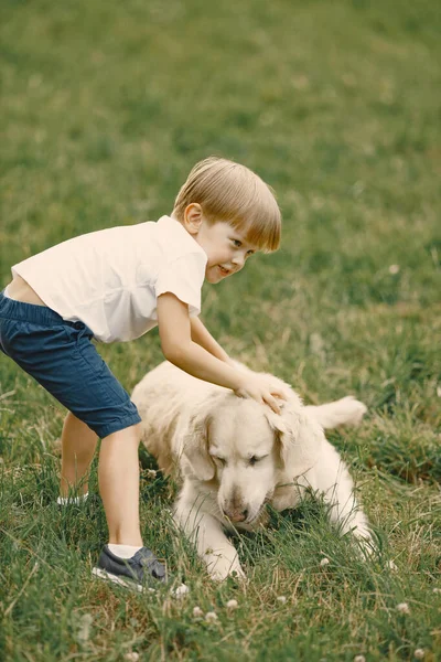 Malý chlapec si hraje se psem na trávě — Stock fotografie