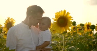 Baba oğlunu ayçiçeği tarlasında tutuyor.