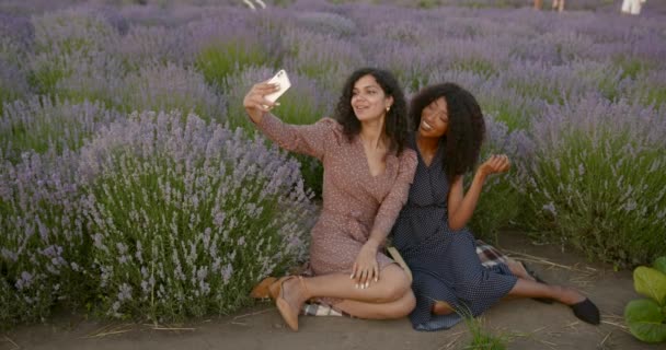 Vrouwelijke vrienden nemen selfie in lavendel veld — Stockvideo