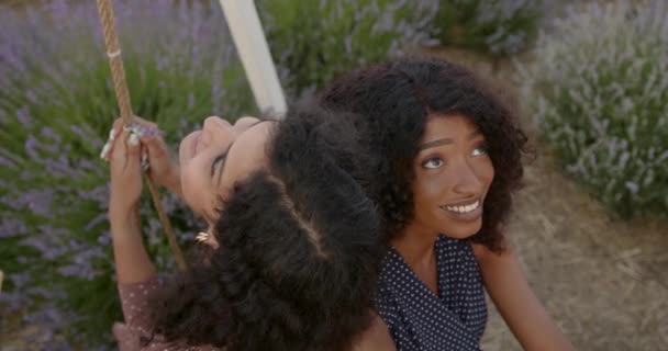 Kobieta zróżnicowanych przyjaciół na huśtawce w polu lawendy — Wideo stockowe
