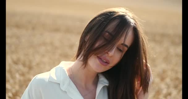 Güzel kahverengi saçlı genç kadın yaz buğday tarlasında — Stok video