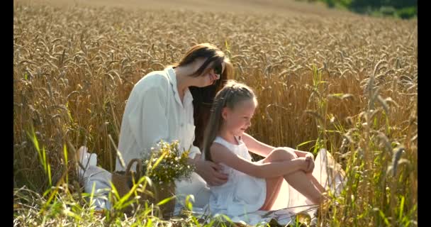 Belle mère et fille s'amusent dans un champ de blé au coucher du soleil — Video