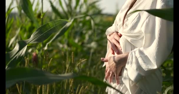 Kobieta w ciąży w białym kostiumie na zielonym polu — Wideo stockowe