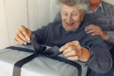 Zarif yaşlı çift Noel hediyeleriyle evde oturuyor.