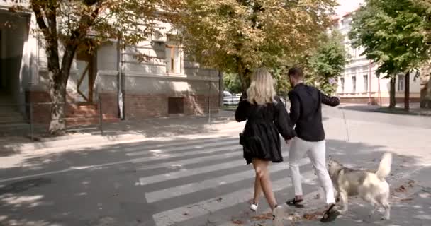 Mężczyzna i kobieta spacerujący ze swoim zwierzakiem w mieście — Wideo stockowe