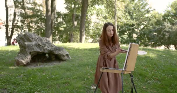 Meisje kunstenaar schildert in het park — Stockvideo