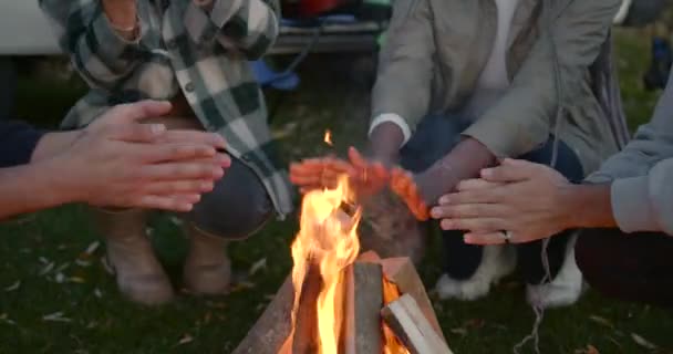 Cuatro turistas calientan sus manos junto al fuego en el campamento de otoño — Vídeos de Stock