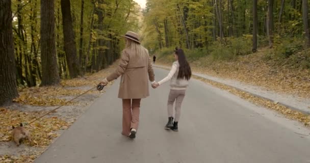Zadní pohled matka a dcera kráčí po silnici na podzim — Stock video