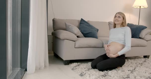Young pretty woman touching her belly while sitting in the living room — Wideo stockowe