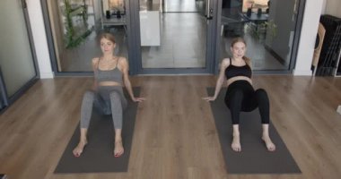 İki sağlıklı hamile kadın minderlerde yoga yapıyor.