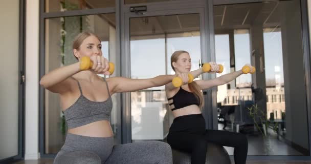 Two pregnant women doing exercise with dumbbells — Wideo stockowe