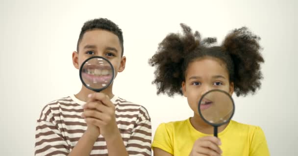 Two kids with magnifiers over white background — Wideo stockowe