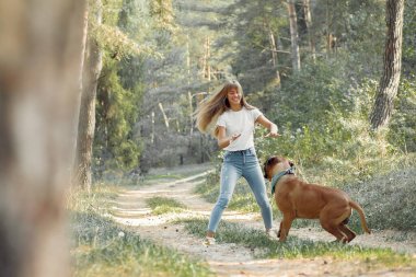 Yaz ormanındaki kız köpekle oynuyor.