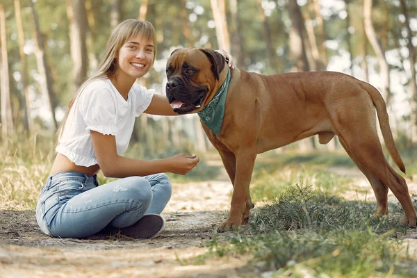 Meisje in een zomer bos spelen met hond — Stockfoto