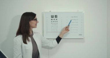 İmgelem panosunun yanında beyaz önlüklü bir oftalmolog.