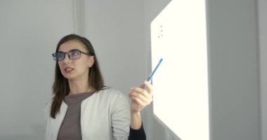 İmgelem panosunun yanında beyaz önlüklü bir oftalmolog.