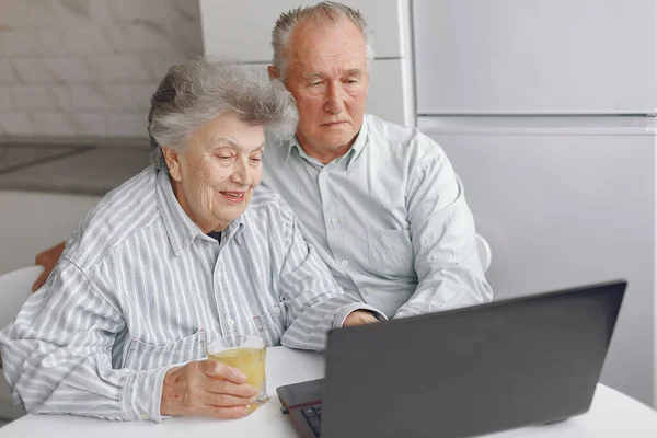 Елегантна стара пара сидить вдома і використовує ноутбук — стокове фото