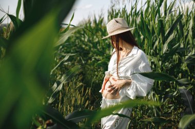 Darı tarlasında yürüyen hamile bir kadın. Beyaz elbiseli esmer bir kadın yaz tarlasında yürüyor. Hasır şapkalı kadın..