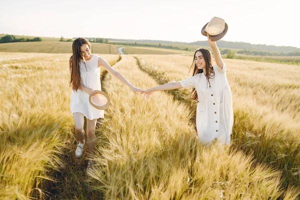 Dos Hermanas Guapas Campo Trigo Hermosas Dos Chicas Con Pelo — Foto de Stock