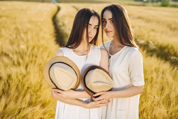 麦田里的两个漂亮的姐姐 美丽的两个女孩 有着健康的长发 夏天享受大自然 — 图库照片