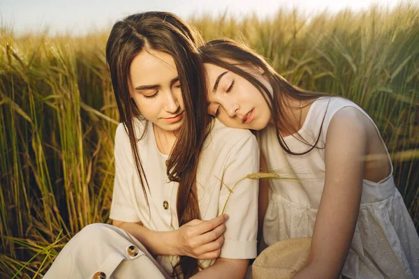 Две Симпатичные Сестры Поле Пшеницы Две Девушки Длинными Здоровыми Волосами — стоковое фото