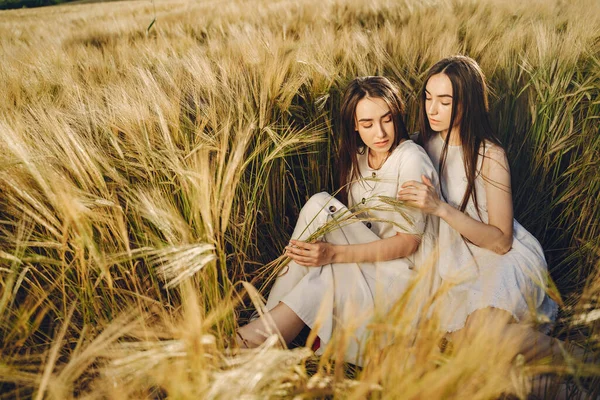 Två Vackra Systrar Ett Vetefält Vackra Två Flickor Med Långt — Stockfoto