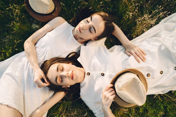 Дві Гарні Сестри Полі Пшениці Красиві Дві Дівчини Довгим Здоровим — стокове фото