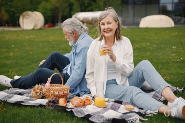 Yazın parkta çimlerin üzerinde oturan güzel beyaz yaşlı bir çift. Kadın ve erkek parkta battaniyeye oturmuş meyve suyu içiyor ve birkaç değerli anı paylaşıyorlar. Beyaz gömlekli kadın.