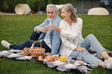 Yazın parkta çimlerin üzerinde oturan güzel beyaz yaşlı bir çift. Kadın ve erkek parkta battaniyeye oturmuş meyve suyu içiyor ve birkaç değerli anı paylaşıyorlar. Beyaz gömlekli kadın.
