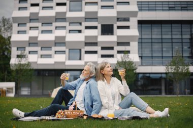 Yazın parkta çimlerin üzerinde oturan güzel beyaz yaşlı bir çift. Kadın ve erkek parkta battaniyeye oturmuş meyve suyu içiyor ve birkaç değerli anı paylaşıyorlar. Beyaz gömlekli kadın.