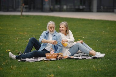 Yazın parkta çimlerin üzerinde oturan güzel beyaz yaşlı bir çift. Kadın ve erkek parkta battaniyeye oturmuş meyve suyu içiyor ve birkaç değerli anı paylaşıyorlar. Beyaz gömlekli kadın.