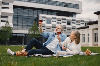 Yazın çimlerin üzerinde battaniyenin üzerinde oturan beyaz yaşlı bir çift. Kadın ve erkek şarap içiyor. Beyaz tişörtlü kadın ve mavi erkek..