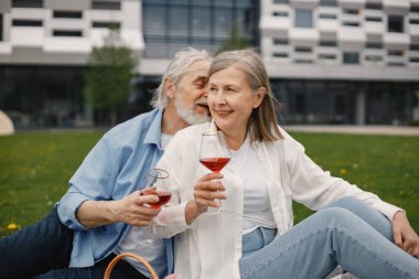 Yazın çimlerin üzerinde battaniyenin üzerinde oturan beyaz yaşlı bir çift. Kadın ve erkek şarap içiyor. Beyaz tişörtlü kadın ve mavi erkek..