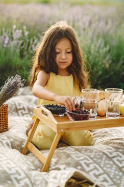Provence çocuğu lavanta tarlasında dinleniyor. Piknikteki küçük kız.