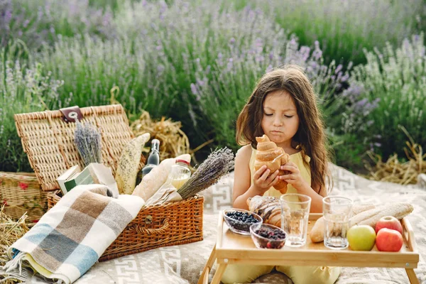 Provence Kind Ontspannen Lavendelveld Klein Meisje Een Picknick Rechtenvrije Stockfoto's