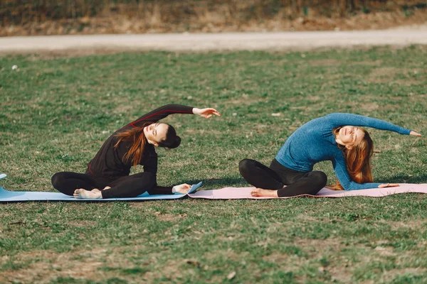 Красивые Девочки Тренируются Женщины Летнем Парке Дамы Делают Йогу — стоковое фото