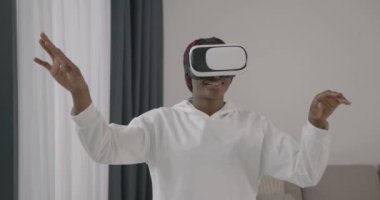 Virtual reality, augmented reality glasses. girl holding VR glasses. Future technologies.