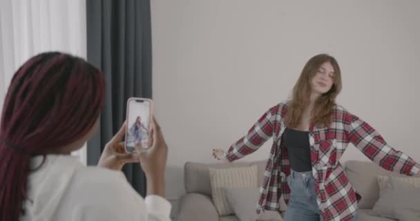 Modern Technologies Social Media Concept Multiracial Girls Shooting Tik Toks — Stock video