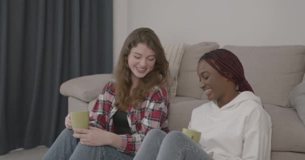 Multiracial Friends Having Conversation Two Girls Sitting Floor Holding Cups — Stockvideo