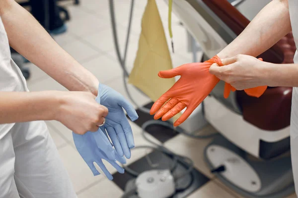 Physicians Preparing Reception Doctors Wear Gloves Mittens Worn Hands — Stock Photo, Image