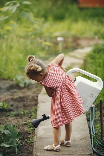Small Child Watering Can Flowers Pour Girl Funnel Child Pink — Stockfoto