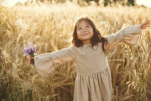 Child Summer Field Little Girl Cute Brown Dress — Zdjęcie stockowe