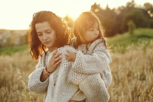 Family Summer Field Sensual Photo Cute Little Girl Knited Sweater — Stock Photo, Image