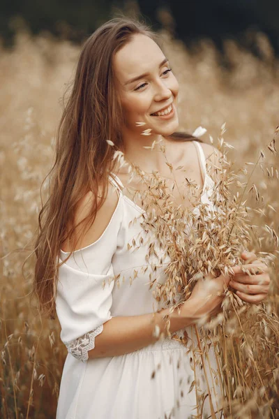 Woman Summer Field Brunette White Dress Girl Sunset Background — Fotografie, imagine de stoc