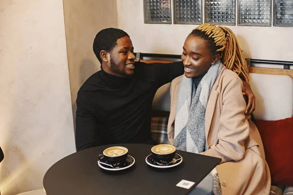 Two Young People Cafe African Couple Enjoying Time Spending Each — Stok fotoğraf