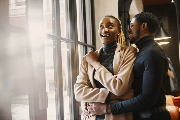 Two Young People Cafe African Couple Enjoying Time Spending Each — Stok fotoğraf